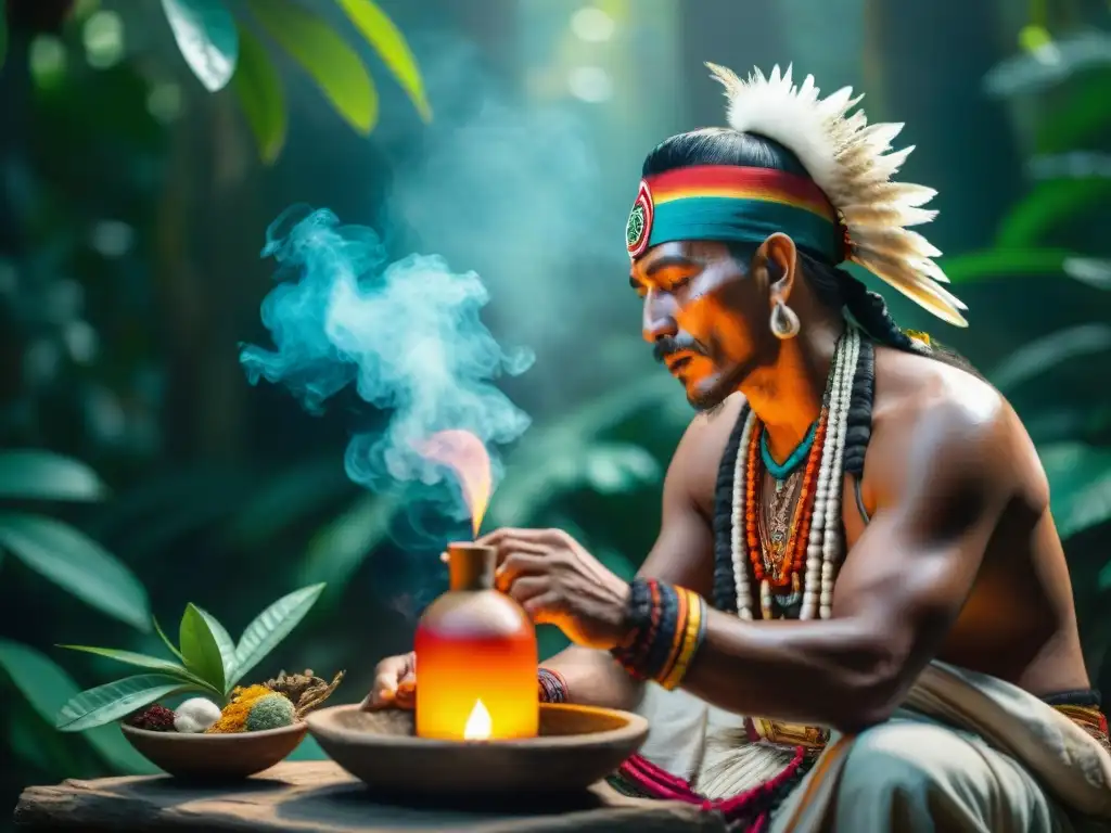 Un chamán maya preparando bebidas sagradas espirituales en la selva