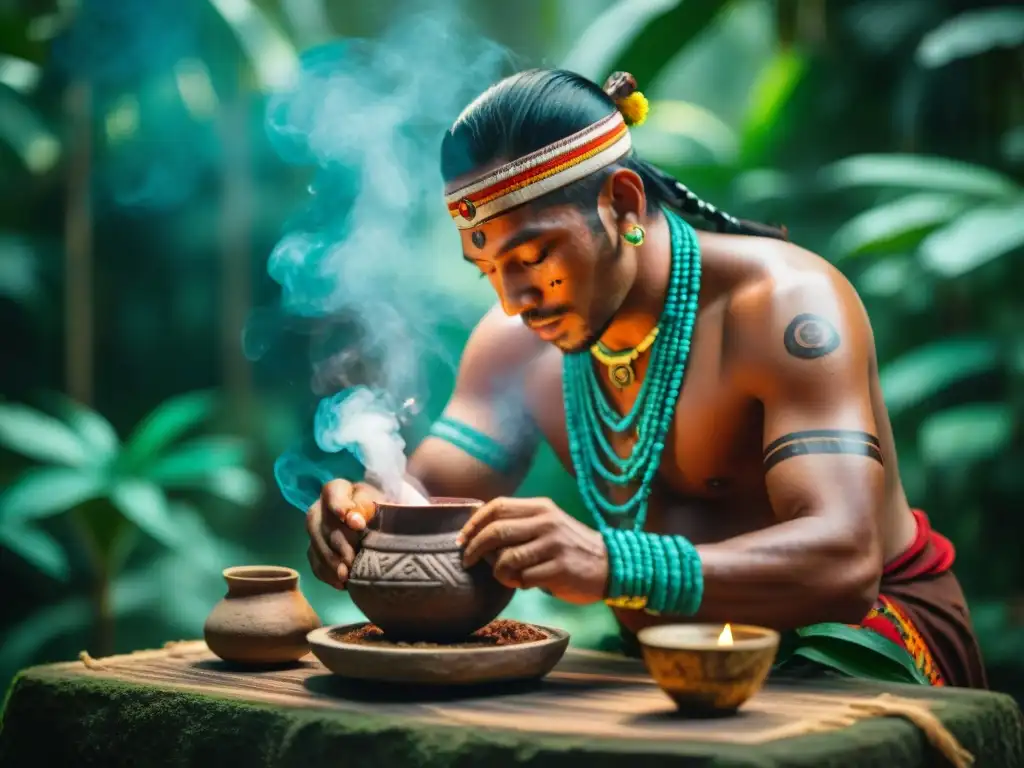 Un chamán maya preparando cacao sagrado en una ceremonia tradicional en la selva