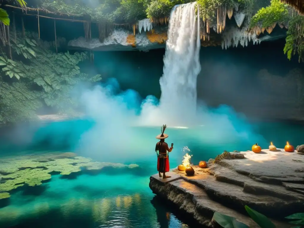 Un chamán maya realiza ceremonia de agua en cenote, reflejando el significado espiritual del agua maya en medio de la exuberante selva