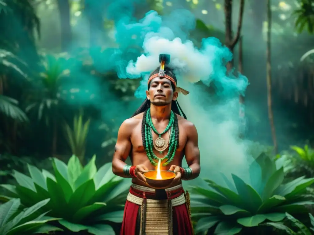 Un chamán maya realiza una ceremonia con copal en el bosque, evocando los beneficios espirituales del copal maya