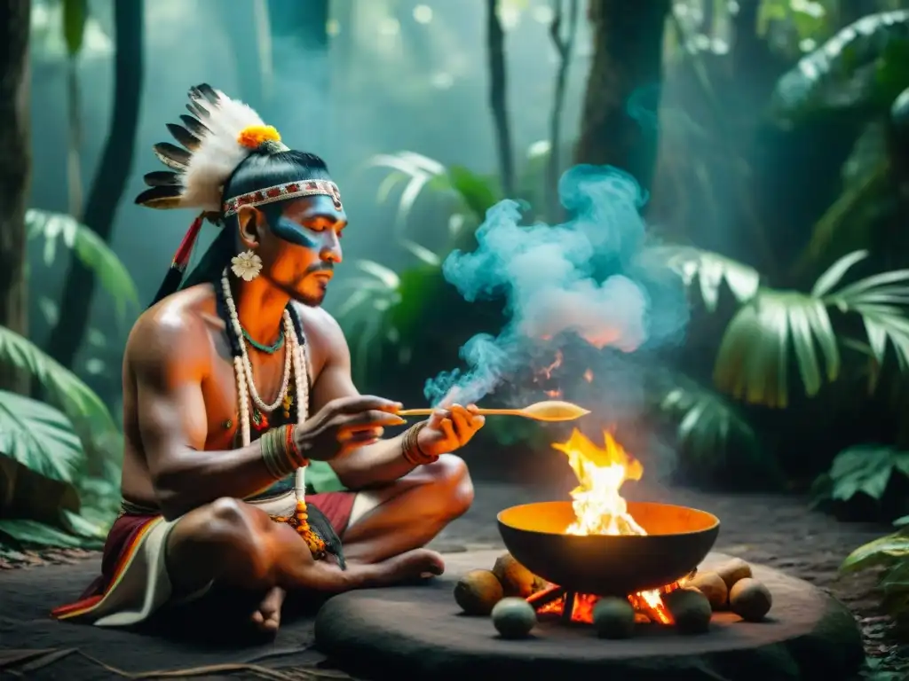 Un chamán maya realiza una ceremonia de copal en la selva, con beneficios espirituales del copal maya