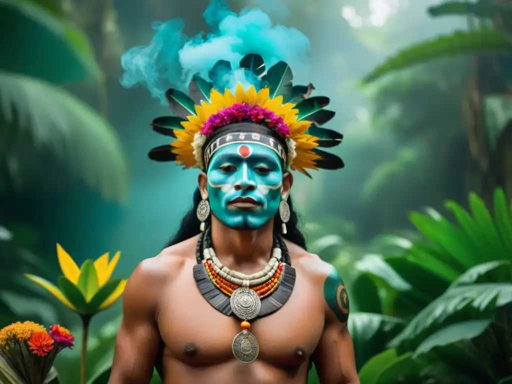 Un chamán maya realiza una ceremonia espiritual en la selva, rodeado de ruinas antiguas y flores vibrantes