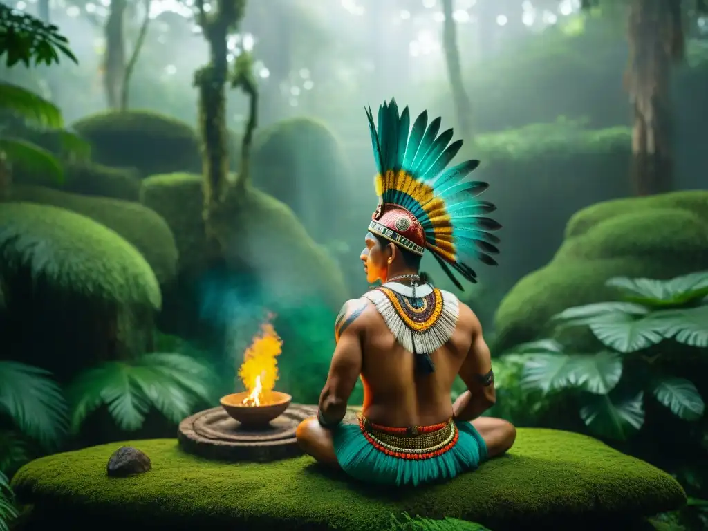 Un chamán maya realiza una ceremonia espiritual en la selva con respeto a la naturaleza