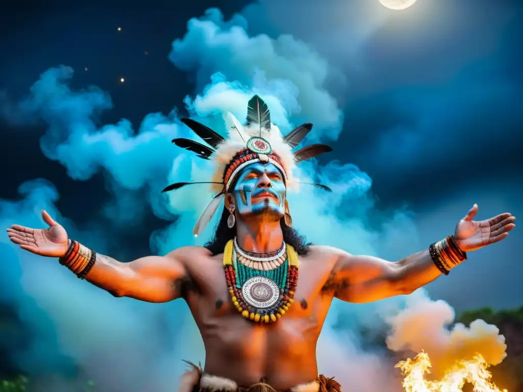 Shamán maya invoca poderes cósmicos en la selva nocturna Un chamán maya realiza una ceremonia bajo las estrellas, rodeado de antorchas y humo místico