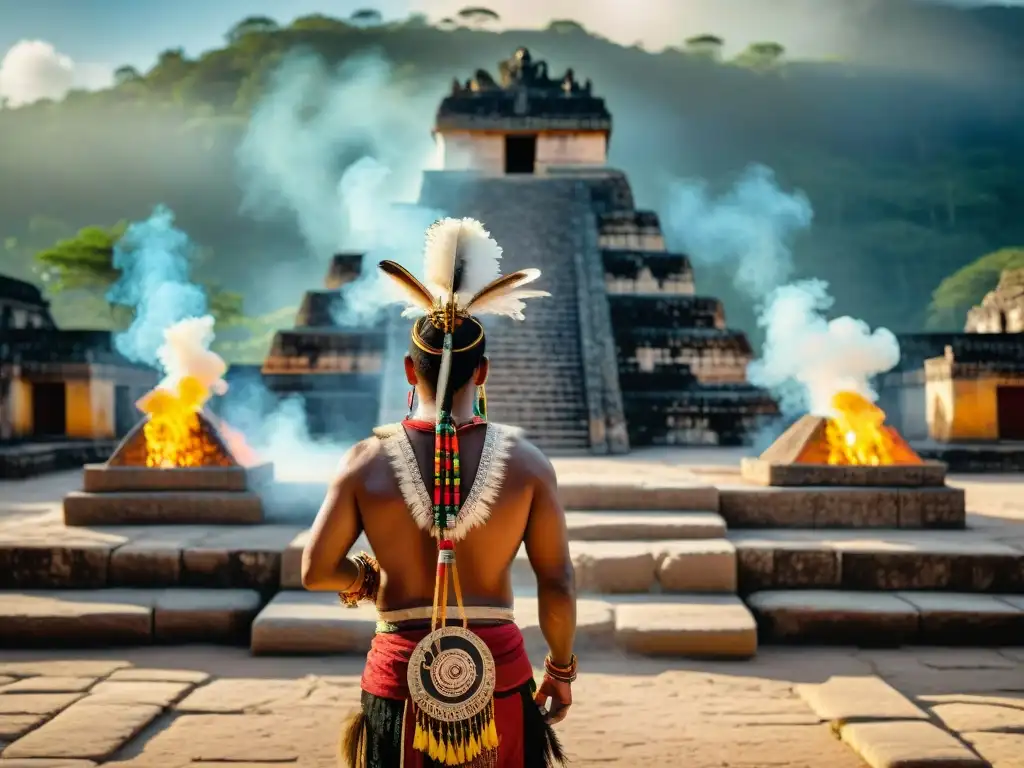 Un chamán maya realiza una ceremonia frente a un templo antiguo, iluminado por la luz dorada del sol