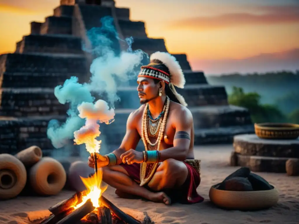 Un chamán maya realiza una ceremonia de fuego al atardecer en ruinas mayas, envuelto en humo y misticismo