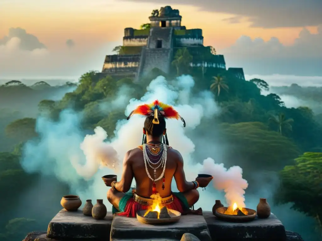 Un chamán maya realiza una ceremonia de purificación al amanecer en Tikal, con incienso copal