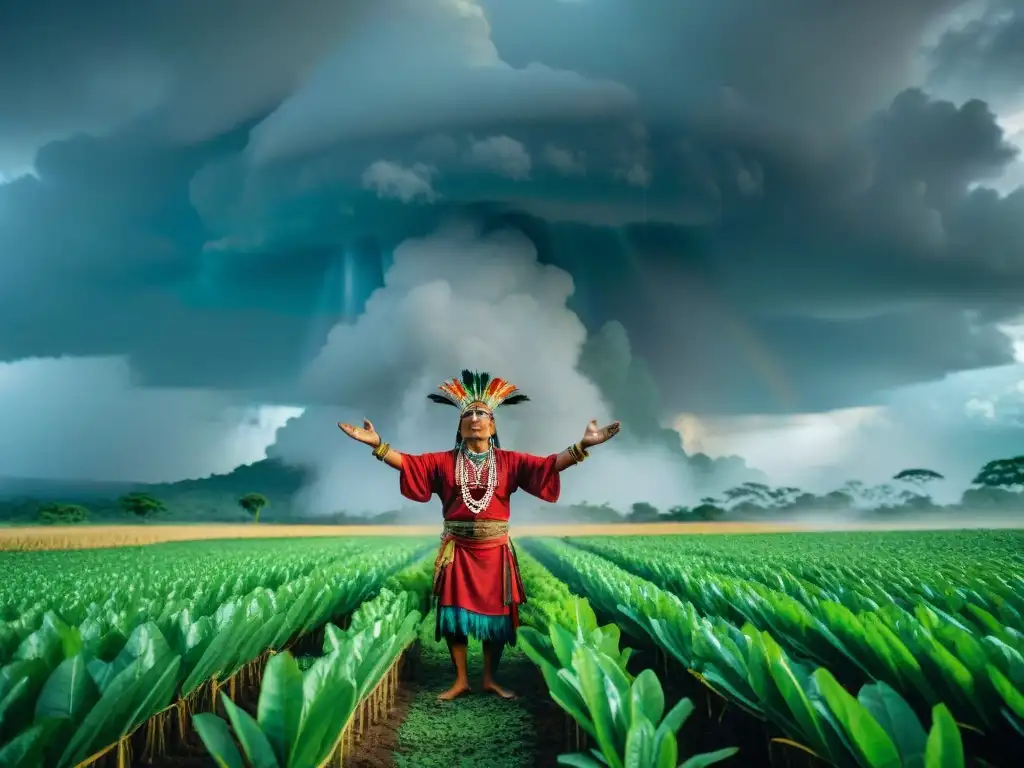 Un chamán maya realiza una ceremonia de lluvia en un campo agrícola, reflejando la conexión entre la agricultura y lo divino