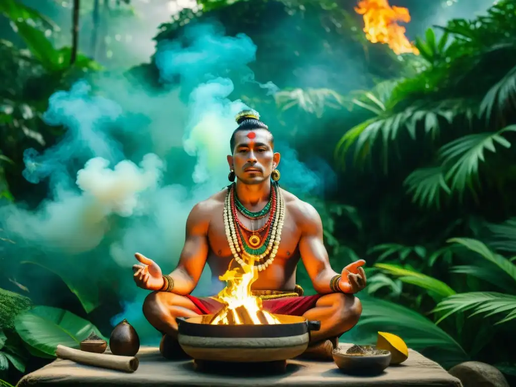 Un chamán maya en ceremonia, rodeado de la exuberante selva, con el fuego de copal