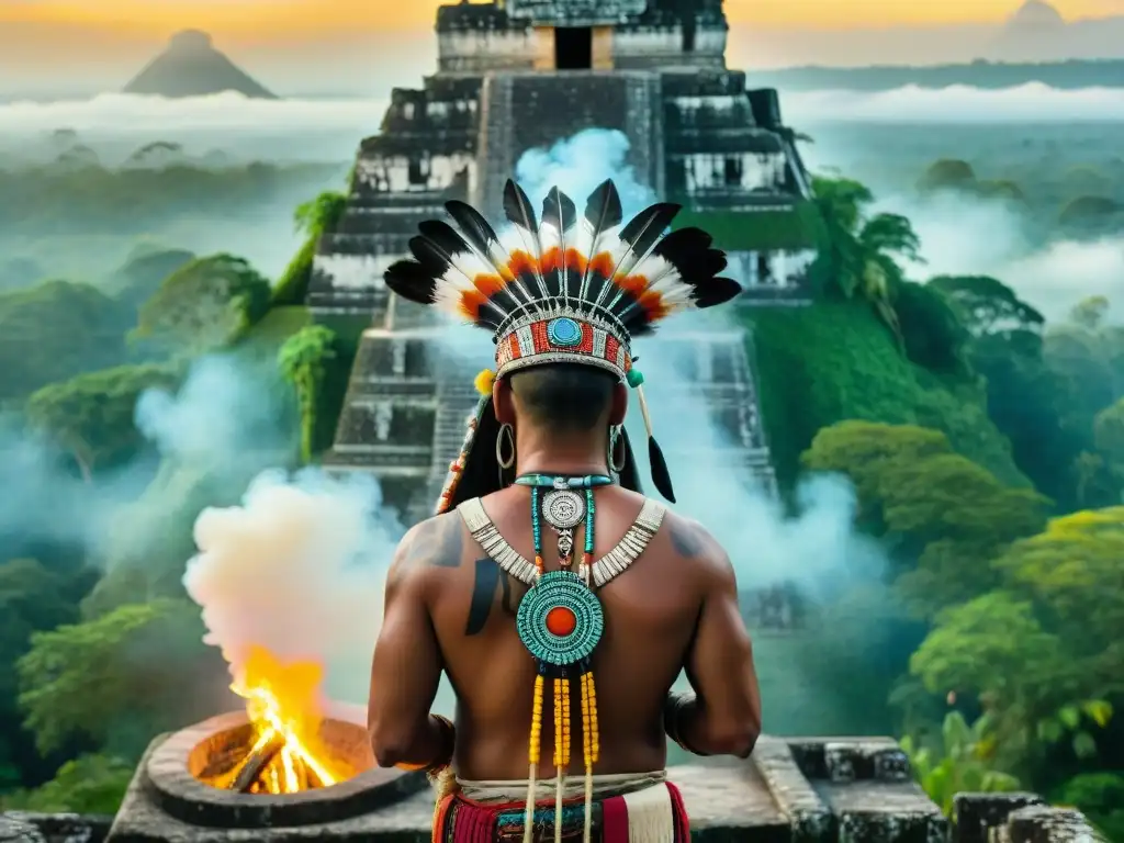 Un chamán maya realiza una ceremonia sagrada al amanecer en Tikal, Guatemala