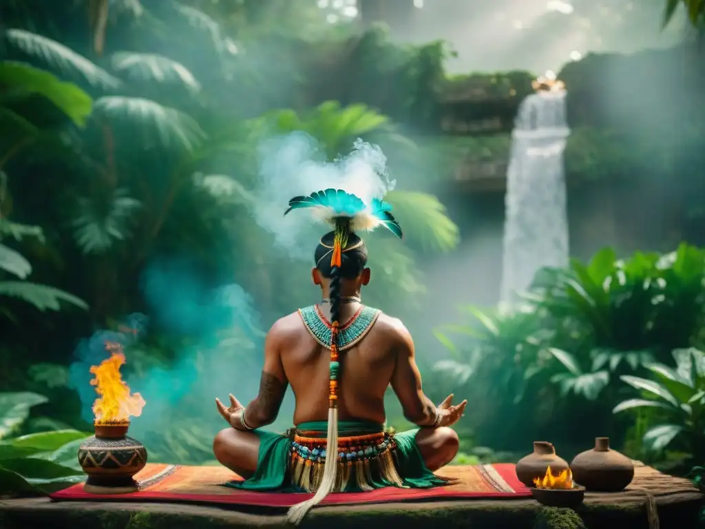 Chamán maya en ceremonia: esencia espiritual en la selva Un chamán maya realiza una ceremonia en la selva, rodeado de ruinas antiguas y participantes en meditación profunda