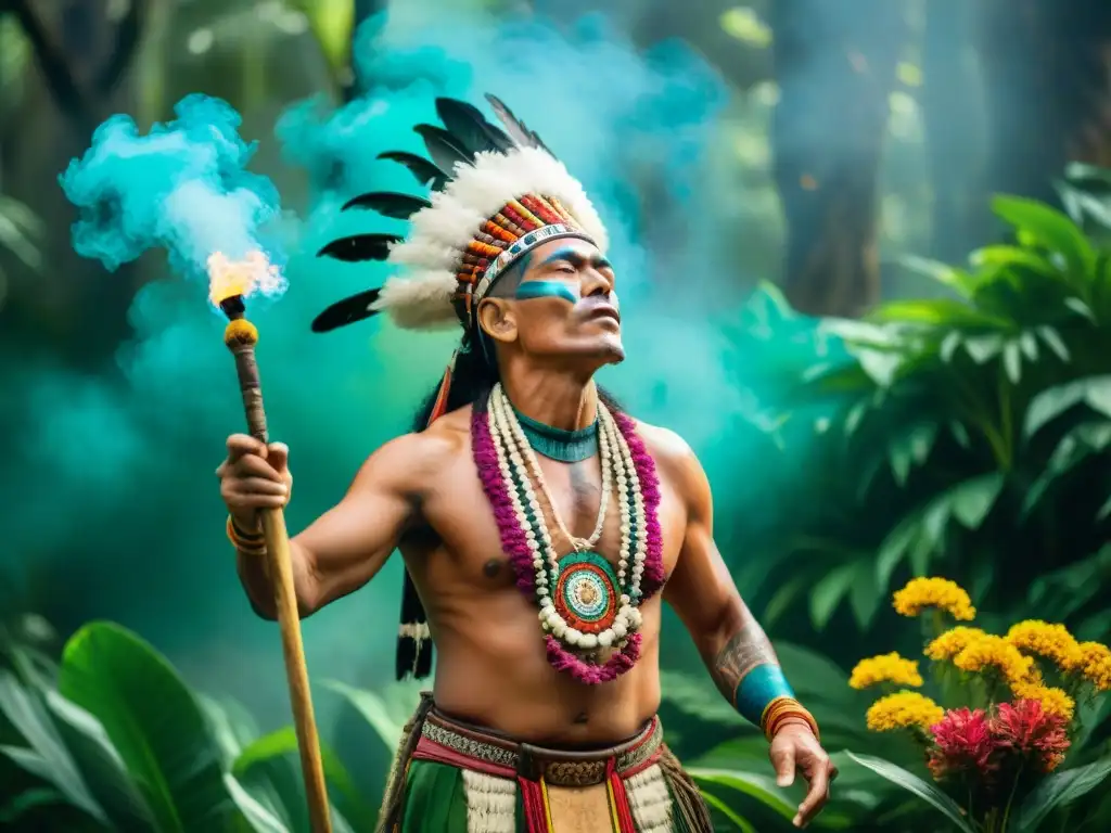 Un chamán maya en ceremonia en la selva con prácticas espirituales mayas en educación