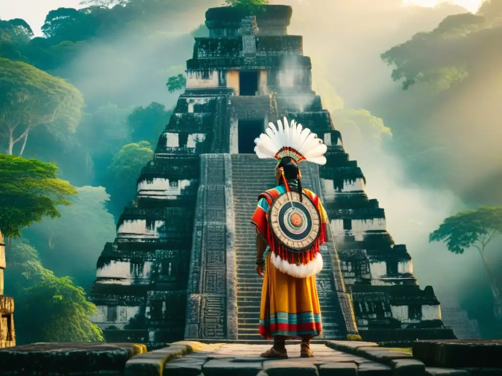 Un chamán maya realiza ceremonia al amanecer en Tikal, Guatemala