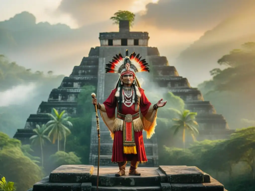 Un chamán maya en la cima de un templo al amanecer, rodeado de vegetación exuberante