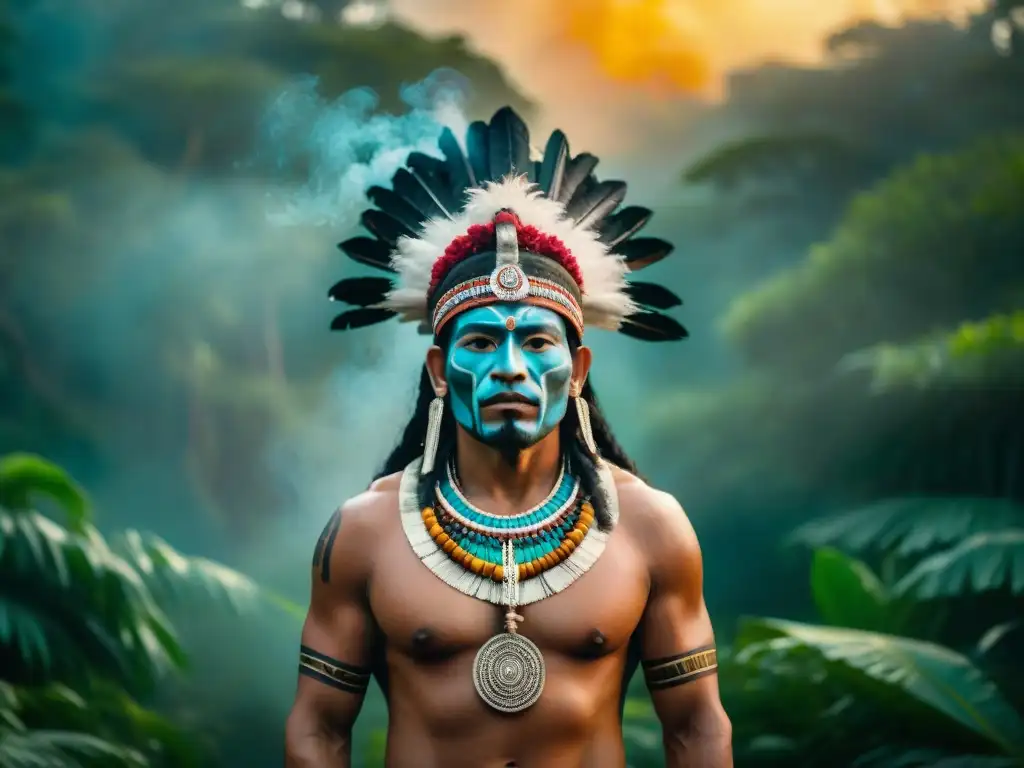Shamán maya en el bosque al amanecer: ritual místico Un chamán maya en un claro boscoso al amanecer, rodeado de antorchas y ruinas antiguas, realizando rituales mayas de adivinación