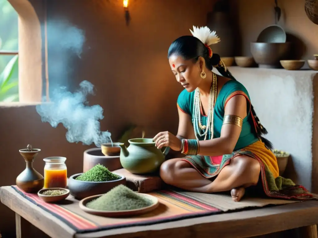 Un chamán maya prepara té herbal en una cocina rústica, destacando los Beneficios de los tés mayas