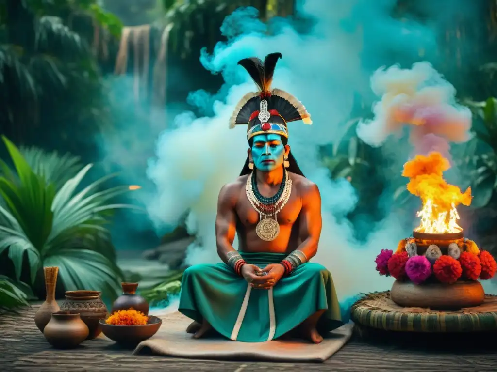 Un chamán maya contemporáneo realiza un ritual ante turistas en la selva, en una escena de rituales mayas cosmología educación turismo