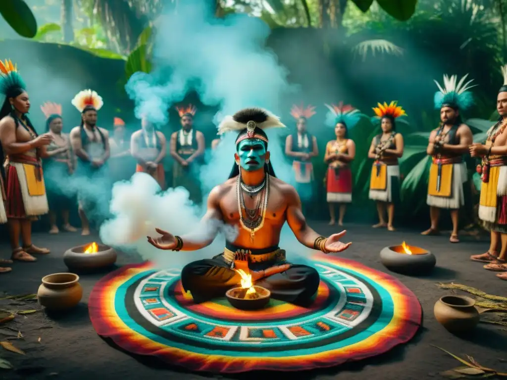 Un chamán maya contemporáneo realiza ritual espiritual en la selva, fusionando tradición con modernidad