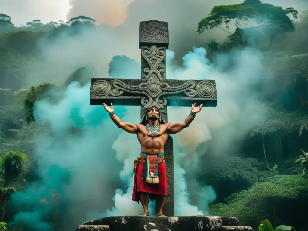 Un chamán Maya ante una cruz de piedra en la selva de Guatemala