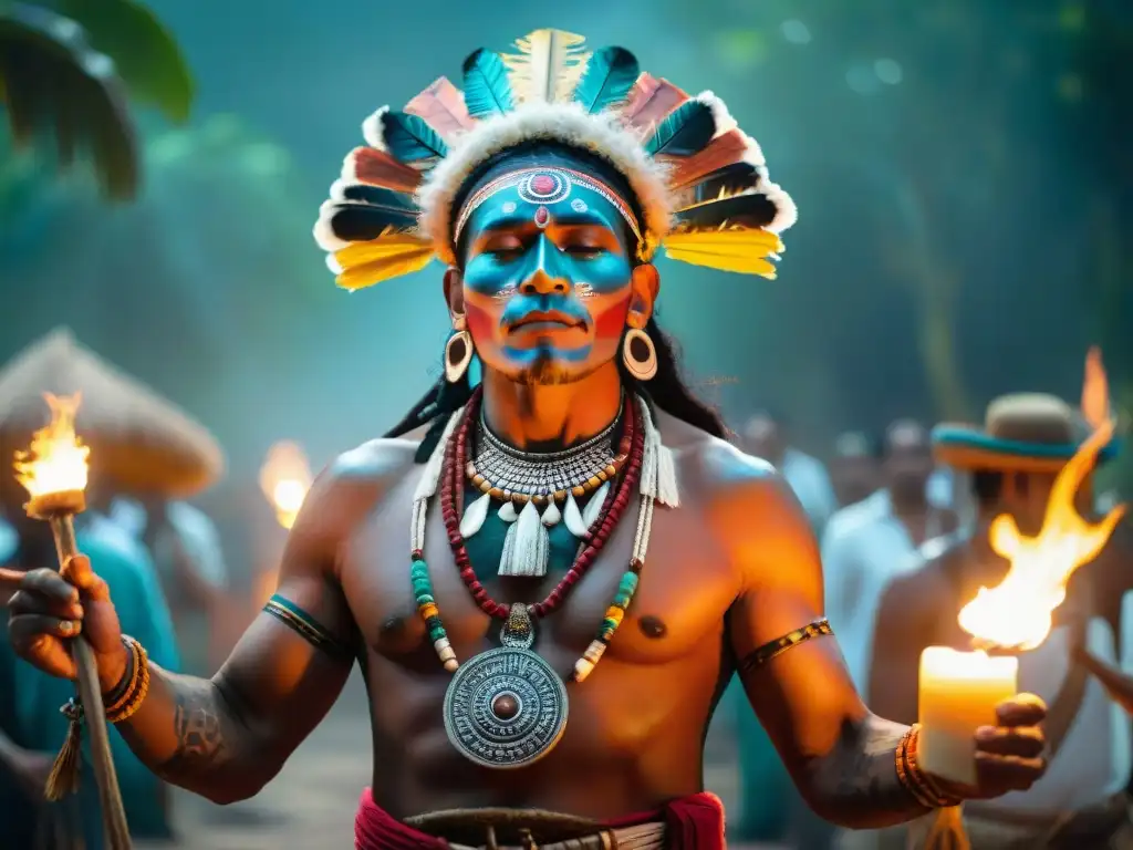 Un chamán maya en danza sagrada entre velas, bajo un cielo estrellado en la selva yucateca