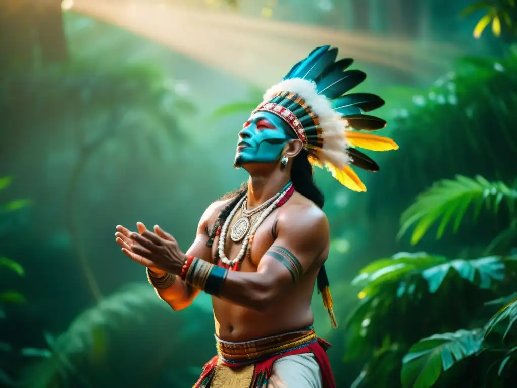 Un chamán maya danza en la selva durante un retiro espiritual, conectando con la naturaleza