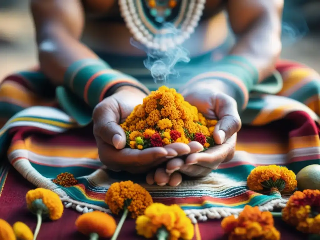 Un chamán maya arregla con delicadeza flores, incienso y plumas en un altar tejido, creando un espacio sagrado para rituales matutinos mayas