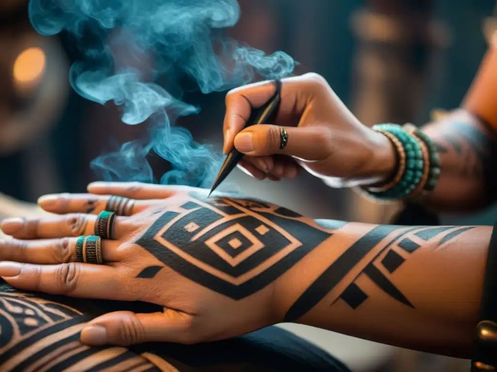 Un chamán maya aplica un detallado diseño geométrico con una aguja de obsidiana, en un ritual de tatuaje con beneficios terapéuticos