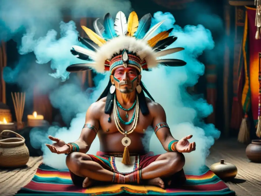 Un chamán maya prepara con devoción su vestimenta ceremonial en un espacio lleno de humo de copal