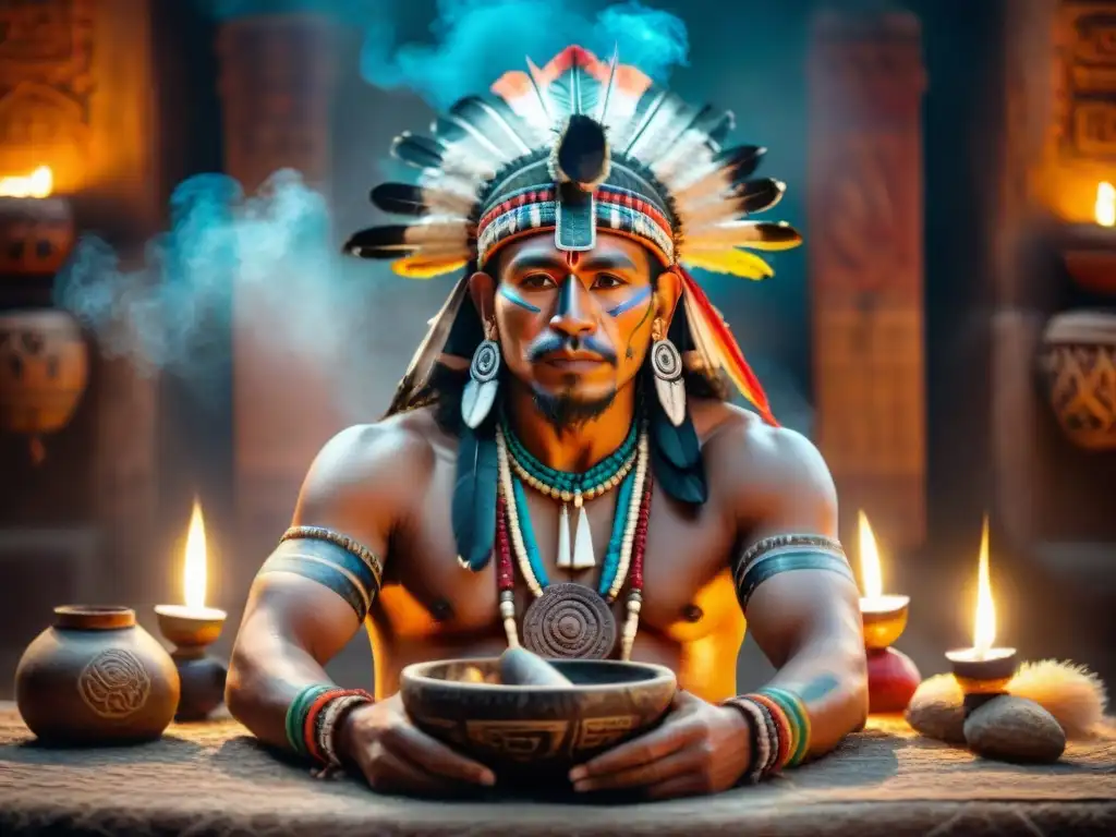 Imagen 8k: Chamán maya con herramientas ancestrales en ritual Un chamán maya con herramientas de adivinación en un ritual místico
