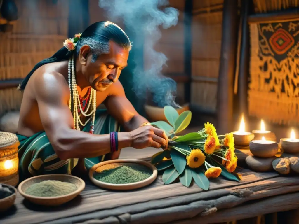 Un chamán maya preparando hierbas medicinales en un ambiente tenue, resaltando la conexión con la medicina tradicional maya ritual