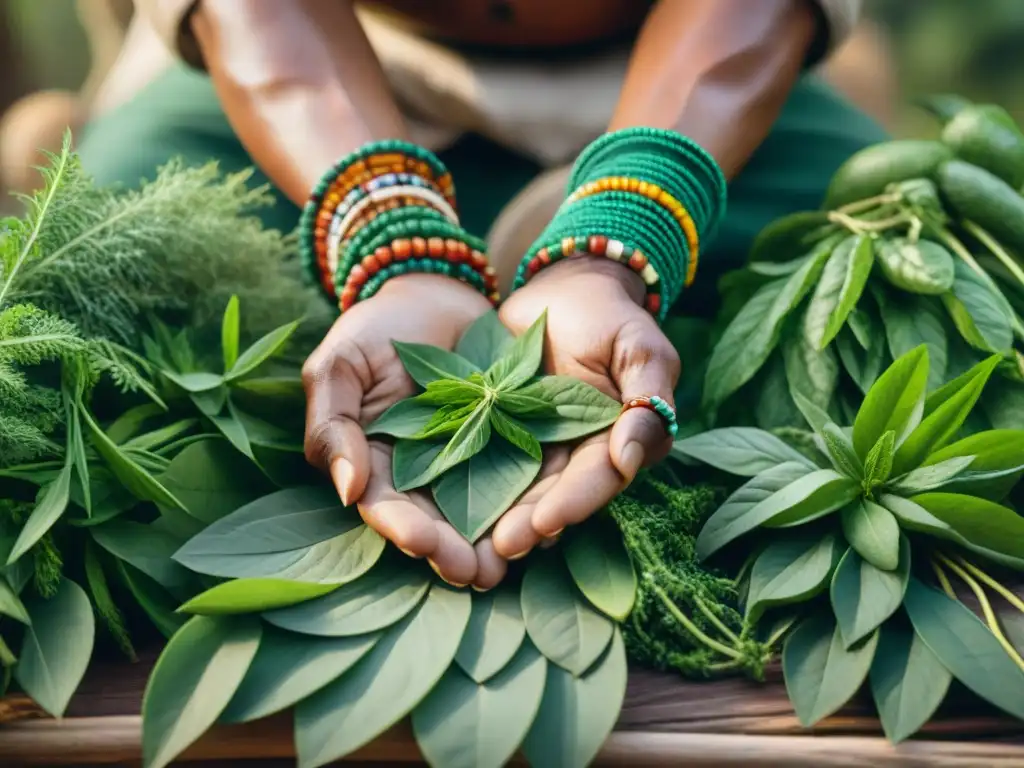 Selección experta de hierbas mayas: sabiduría ancestral Un chamán Maya selecciona hierbas con sabiduría en la herbolaría Maya influencia medicina natural