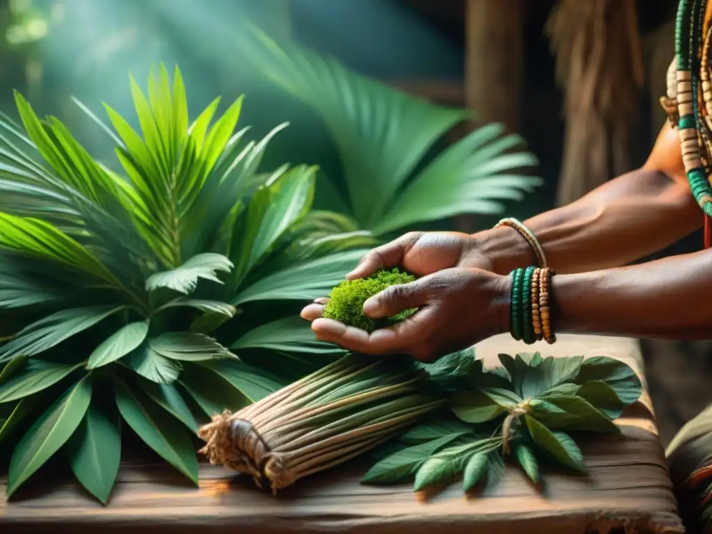 Manos sabias: selección de hierbas mayas en detalle Un chamán Maya selecciona hojas verdes para herbolaría