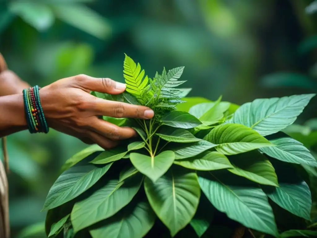 Un chamán maya cosecha hojas verdes en la selva