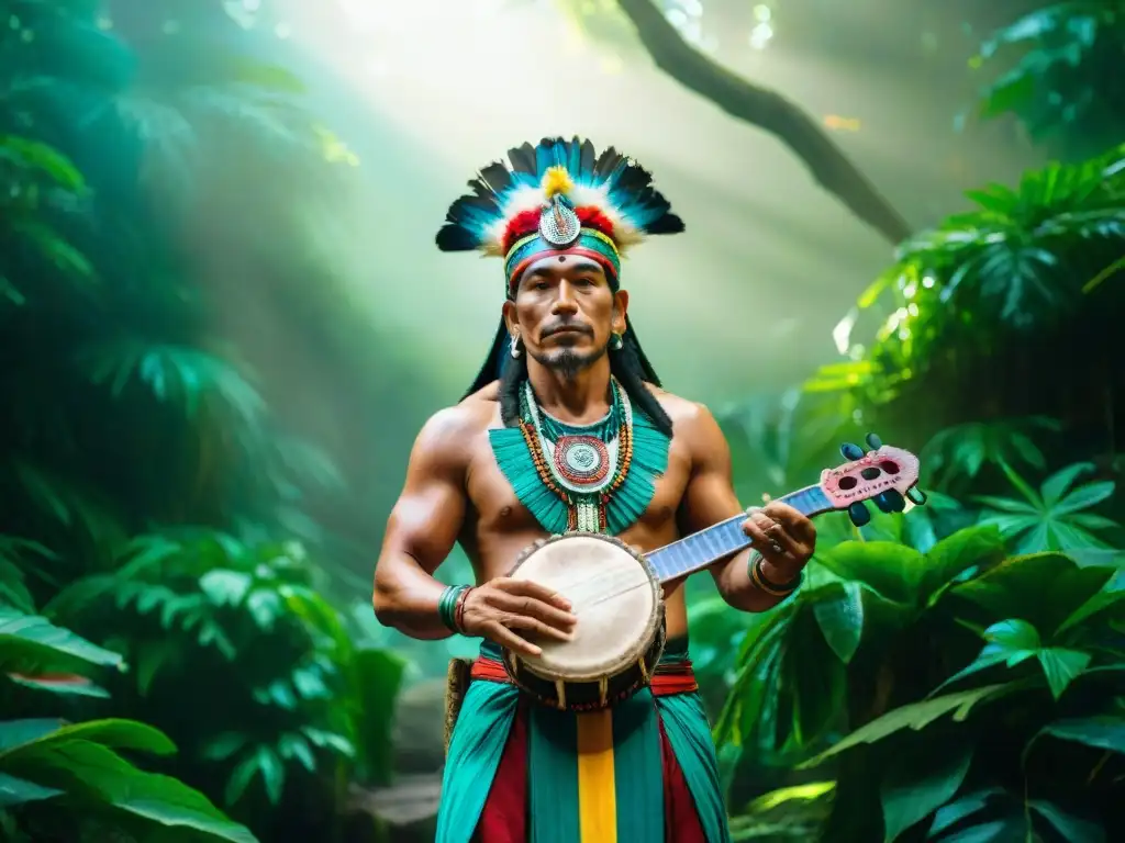 Un chamán maya tocando un instrumento tradicional en la selva, creando una atmósfera mística y serena