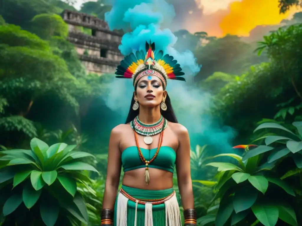 Un chamán maya moderno realiza un ritual en la selva, rodeado de flora tropical, con una atmósfera mística y espiritual