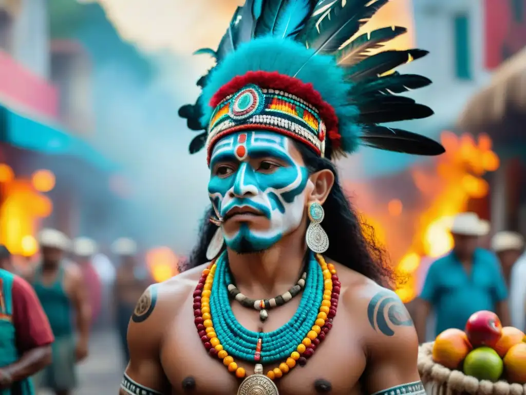 Un chamán maya moderno realiza un ritual en un mercado lleno de vida, rodeado de colores y artefactos tradicionales