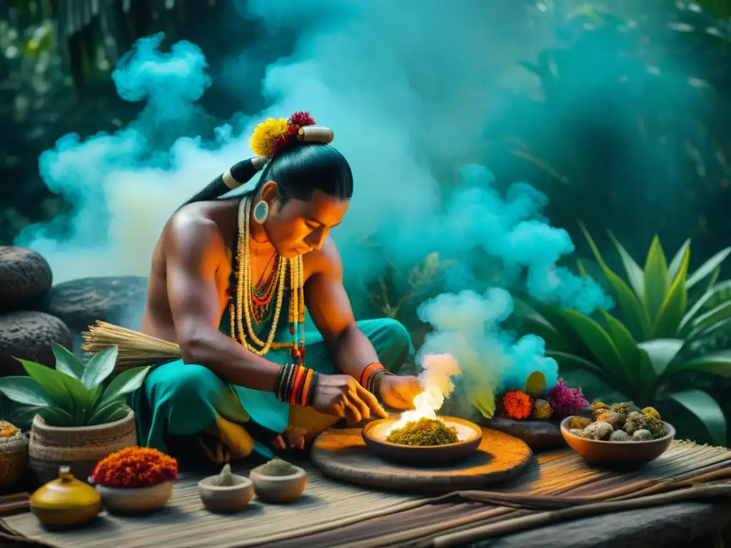 Un chamán maya prepara una ofrenda ritual con plantas medicinales, rodeado de humo de copal