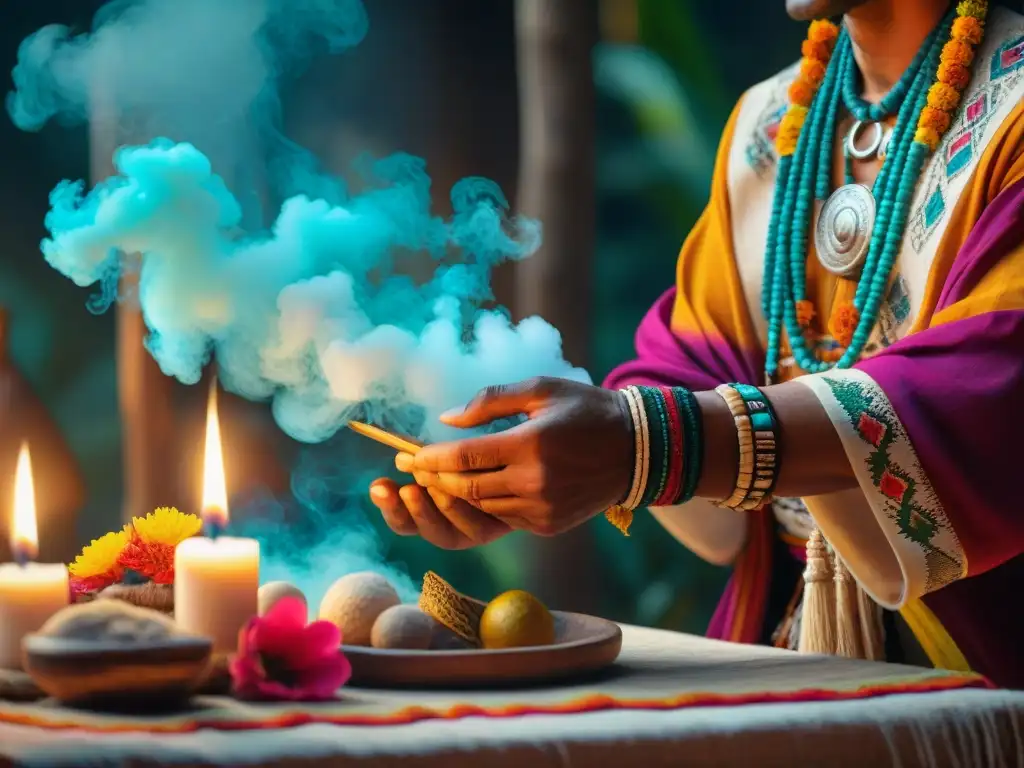 Un chamán maya prepara ofrendas sagradas en un altar, con una cosmovisión ética en ceremonias rituales