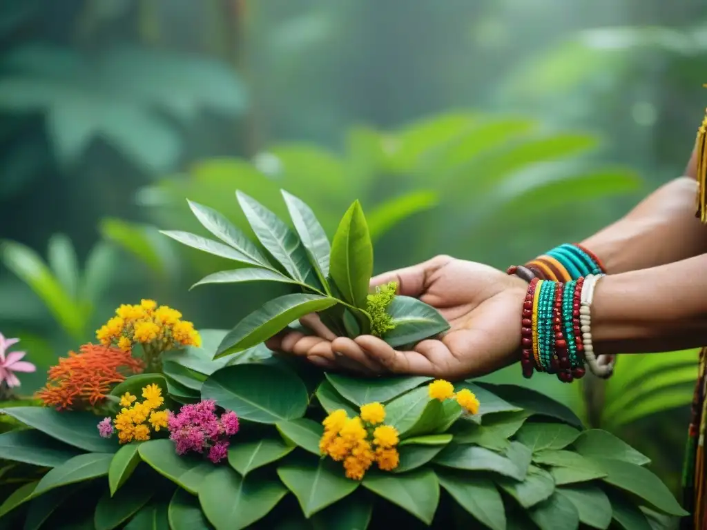 Un chamán Maya selecciona plantas en la jungla para sus prácticas de herbolaria maya