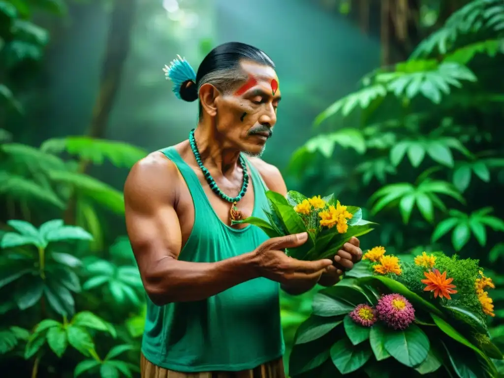 Un chamán maya selecciona plantas medicinales en la selva: sus manos expertas eligen con reverencia