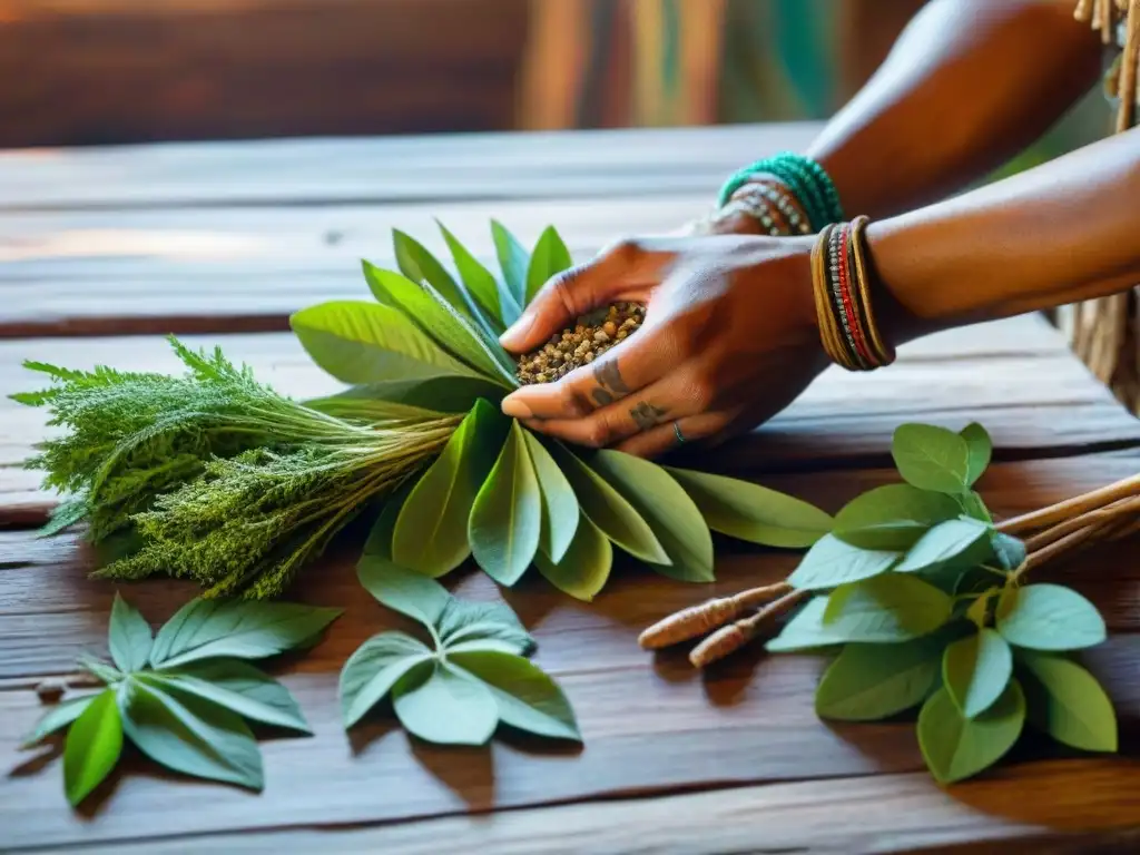 Un chamán maya selecciona plantas medicinales en un escenario lleno de sabiduría cultural