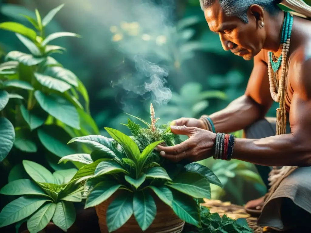 Un chamán maya selecciona plantas en un jardín, transmitiendo sabiduría ancestral