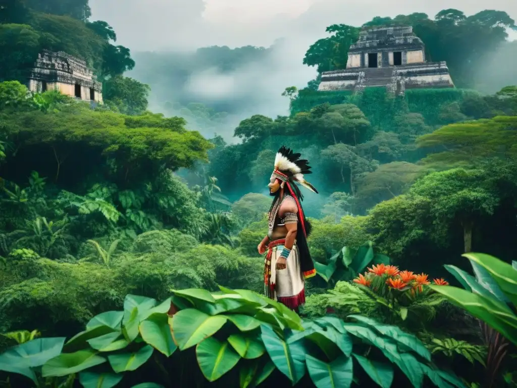 Un chamán maya recolectando plantas sagradas en la exuberante selva, resaltando la conexión ancestral