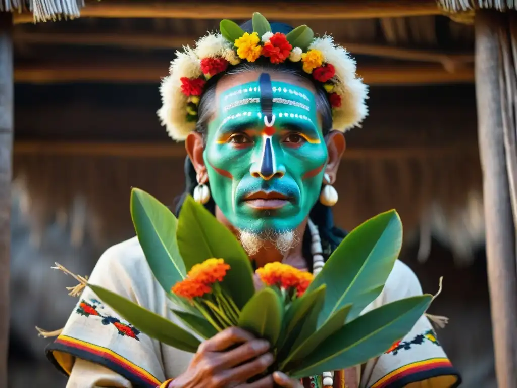 Un chamán maya sostiene plantas sagradas mientras realiza un ritual en una choza iluminada por velas