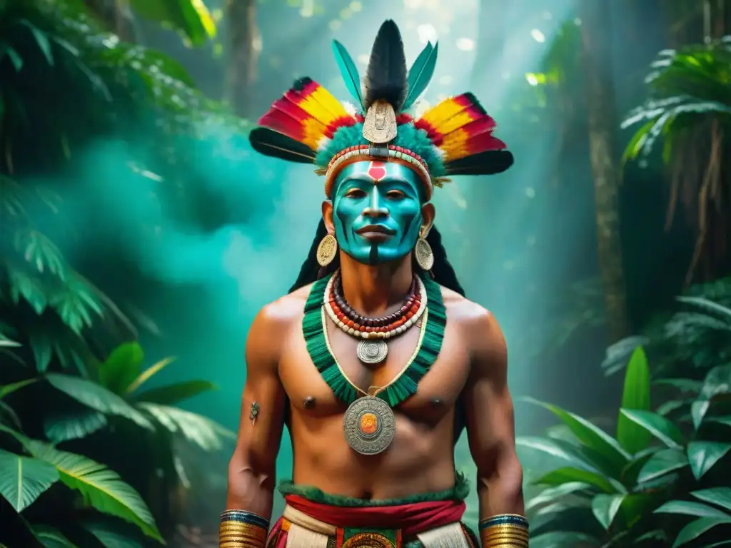 Un chamán maya en pleno ritual invocando ancestros en la selva con copal, obsidiana y máscaras ceremoniales