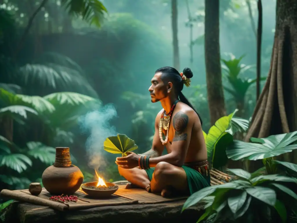 Un chamán maya preparando una poción con plantas medicinales en la selva