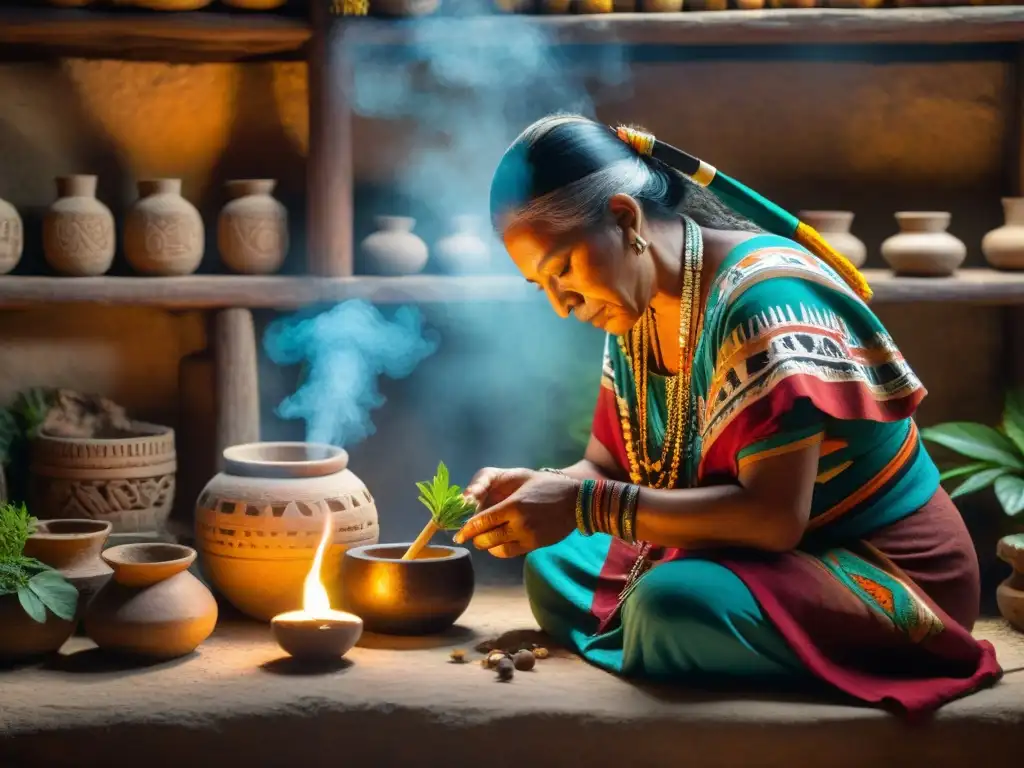 Un chamán maya prepara remedios herbarios en una choza rústica iluminada por una vela, conservando prácticas ancestrales