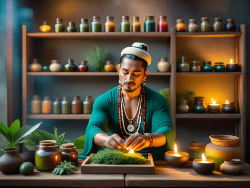 Un chamán maya preparando remedios naturales, rodeado de hierbas y plantas