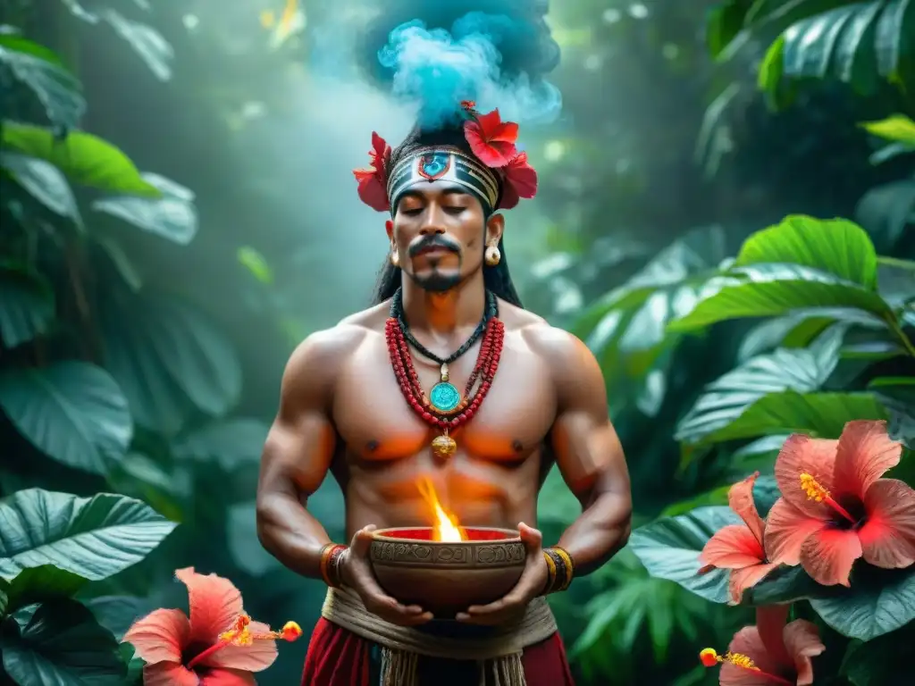 Ritual chamánico maya con agua de flor de Jamaica en la selva Un chamán maya en ritual con agua de flor de Jamaica, rodeado de flores rojas vibrantes y exuberante jungla
