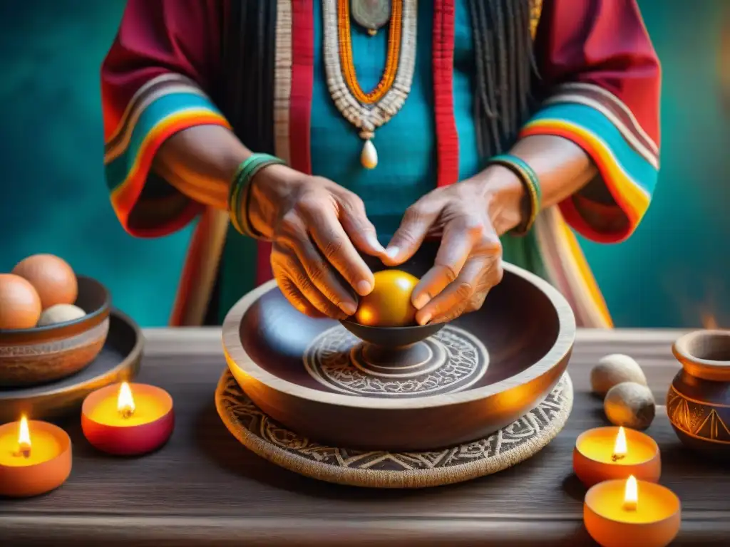 Un chamán maya prepara ritual ancestral bebida balché con colores y texturas vibrantes en detalle